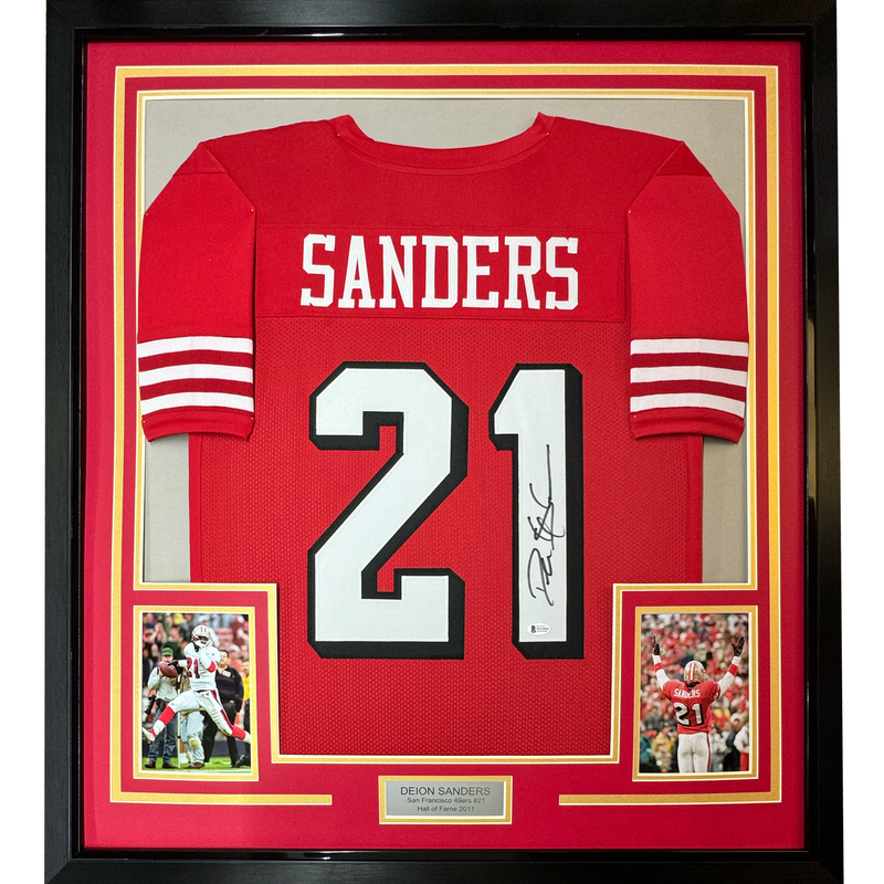 Framed Autographed/Signed Deion Sanders 35x39 San Francisco Red Football Jersey JSA COA