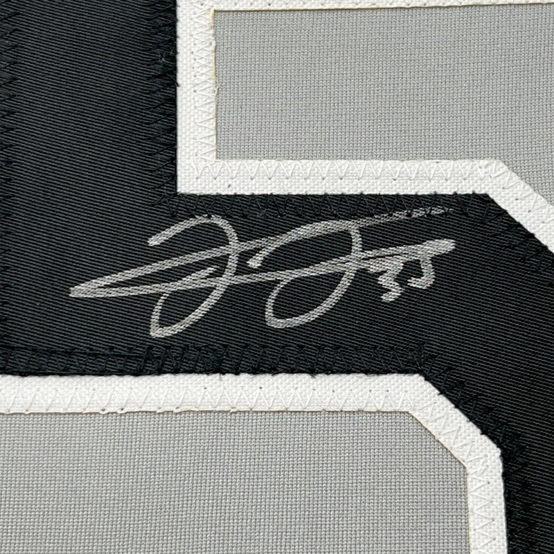 Framed Autographed/Signed Frank Thomas 35x39 Chicago Grey Baseball Jersey JSA COA