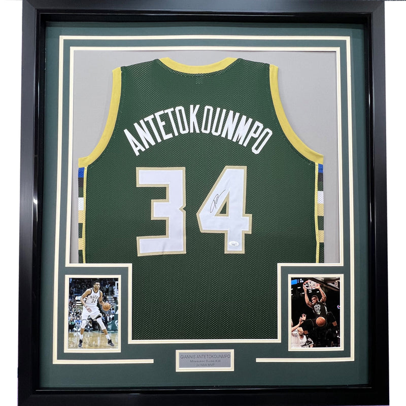 Framed Autographed/Signed Giannis Antetokounmpo 35x39 Milwaukee Green Custom Basketball Jersey JSA COA