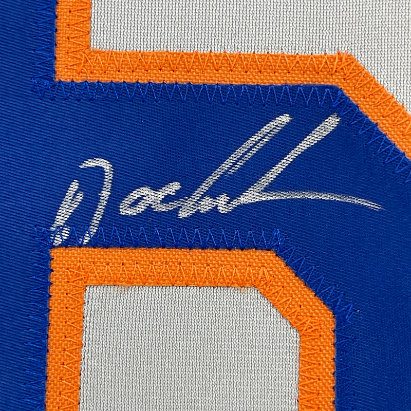 Framed Autographed/Signed Dwight Doc Gooden 35x39 New York Grey Baseball Jersey JSA COA