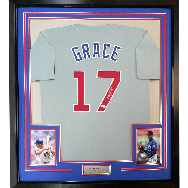 Framed Autographed/Signed Mark Grace 35x39 Chicago Grey Baseball Jersey JSA COA