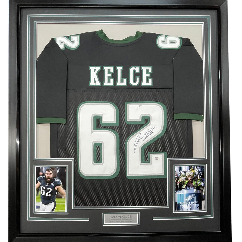 Framed Autographed/Signed Jason Kelce 35x39 Philadelphia Black Football Jersey PSA/DNA COA