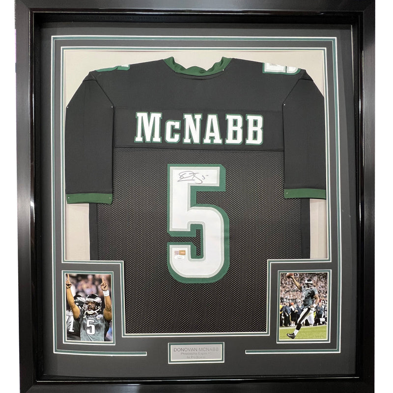 Framed Autographed/Signed Donovan McNabb 35x39 Philadelphia Black Football Jersey JSA COA