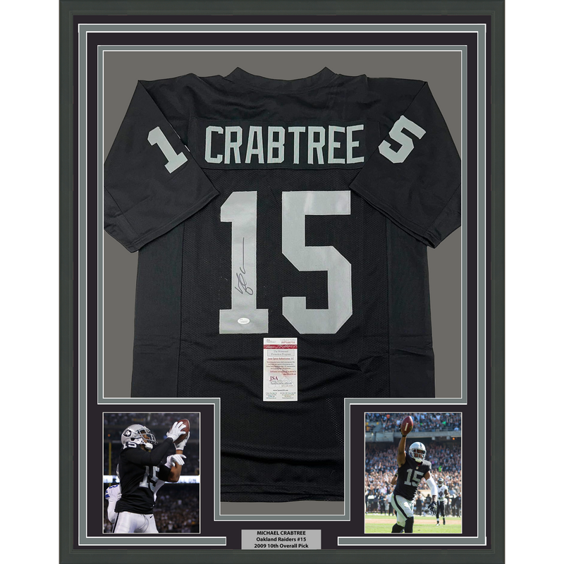 Framed Autographed/Signed Michael Crabtree 35x39 Oakland Raiders Black Football Jersey JSA COA