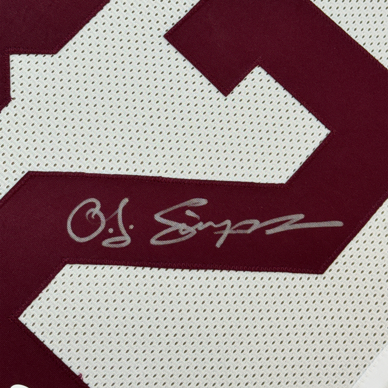 Framed Autographed/Signed OJ O.J. Simpson 35x39 USC Trojans White College Football Jersey JSA COA