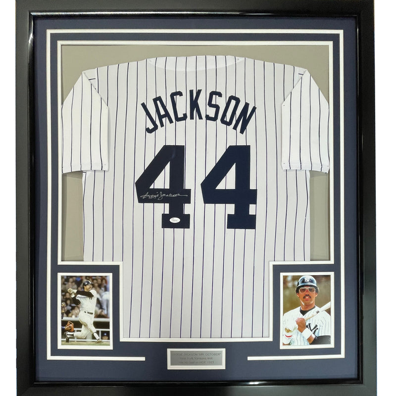 Framed Autographed/Signed Reggie Jackson 35x39 New York Pinstripe Baseball Jersey JSA COA