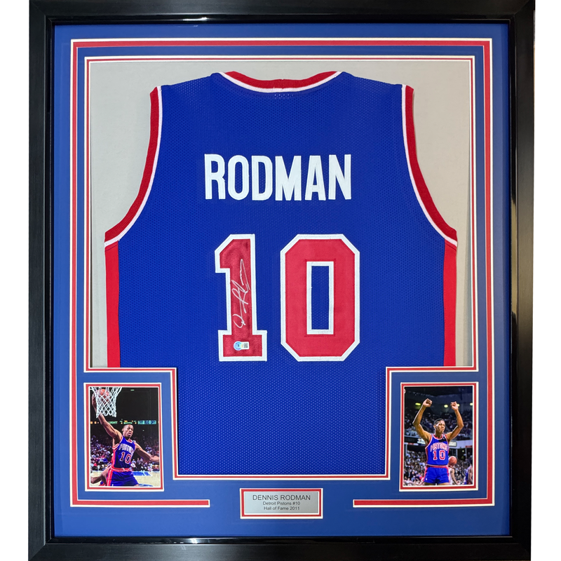 Framed Autographed/Signed Dennis Rodman 35x39 Detroit Blue Basketball Jersey Beckett BAS COA