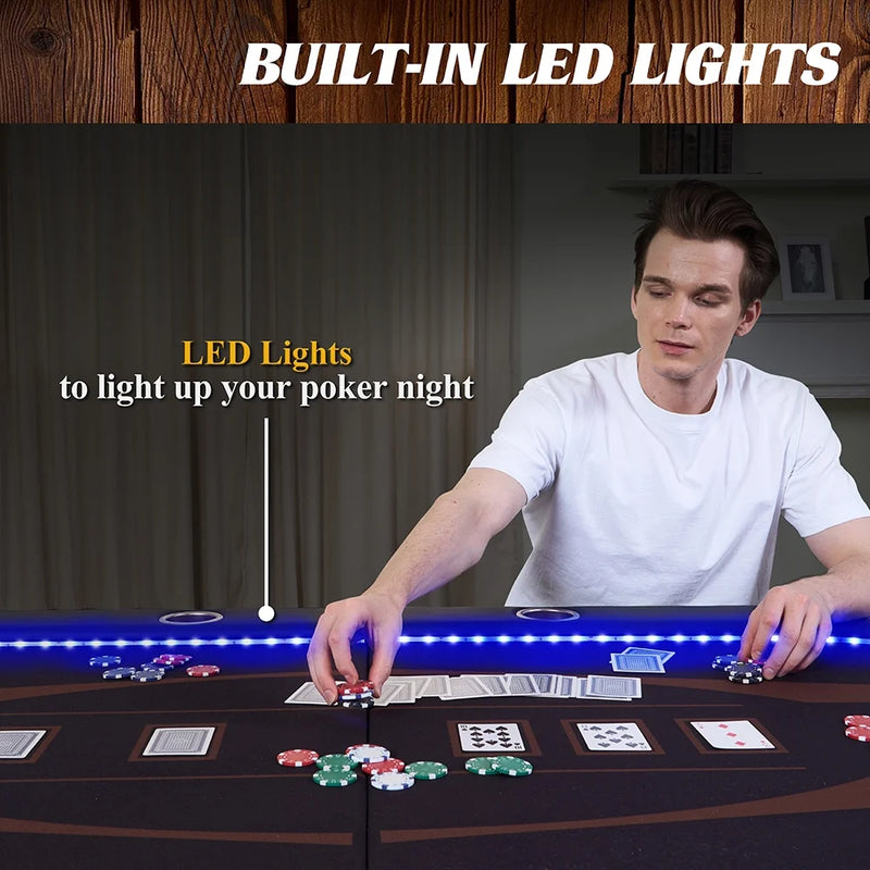Barrington 10 Player Folding Poker Table with LED Lights – No Assembly Required, Casino Style with Steel Cup Holders & Padded Rails