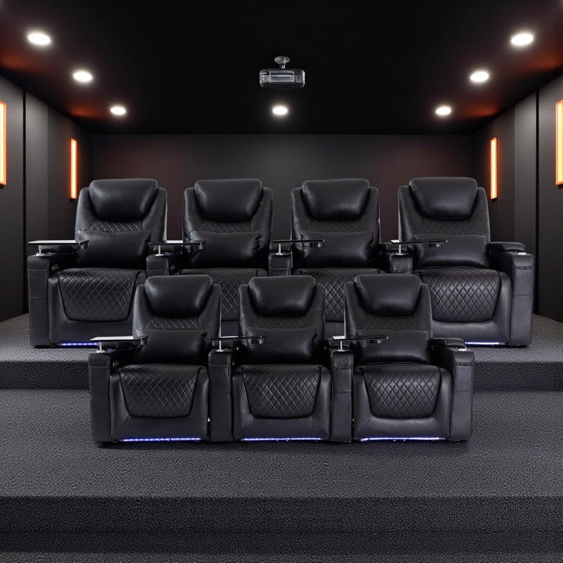 Home Theater Seating Seats, Theater Recliner Chair Sofa Game Movie Theater Chairs with 7 Colors Ambient Lighting, Lumbar Pillow, Side Pocket, Tray Table, Power Recline, Black
