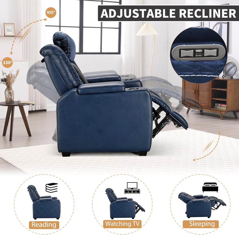 Power Home Theater Seating Recliner Chairs Set of 3, PU Leather Recliner & Cup Holder, Electric Movie Theater Reclining Chairs with Adjustable Headrest, Blue LED, Hidden Arm Storage (Black-Blue)