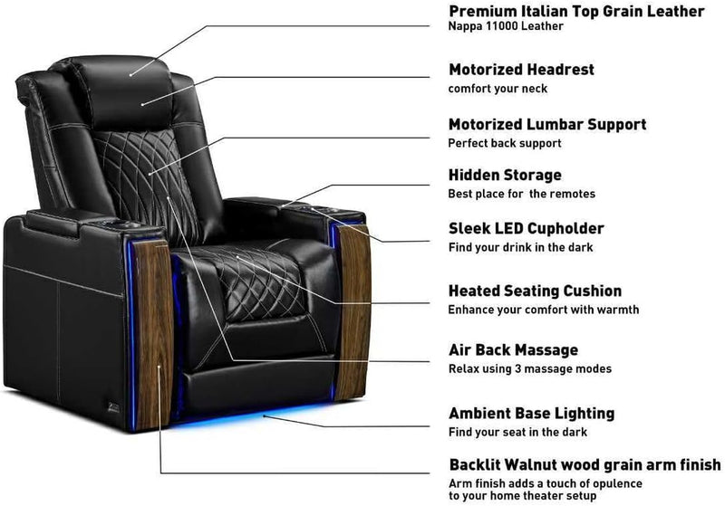 Valencia Tuscany Executive Premier Home Theater Seating with Heat & Massage, Top Grain Italian Nappa 11000 Leather Power Recliner Chair with Headrest & Lumbar Support (Row of 5, Black)