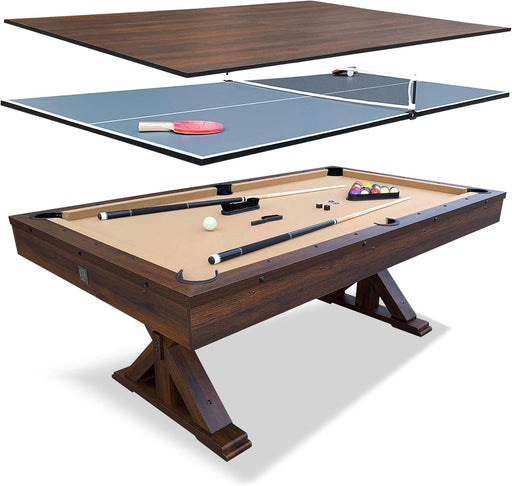 7 FT 3 in 1 Multi Game Pool Table with Dining Top Pool Table Ping Pong Table Combo, Includes Accessories and Tennis Paddles.