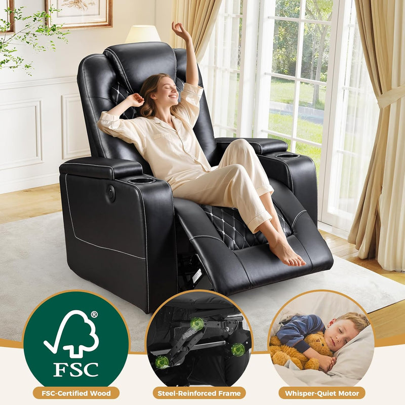 Power Recliner Chair Set of 3, Electric Soft Leather Reclining Home Theater Seating - USB Ports, Cup Holders, Hidden Arm Storage Movie & Media Room Chairs (Black)