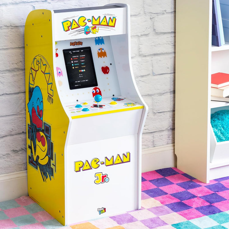 Pac Man Jr Series Free Standing Machine, 3 Games, 8" Liquid Crystal Screen - Arcade Game for Basements, Garages, or Game Rooms