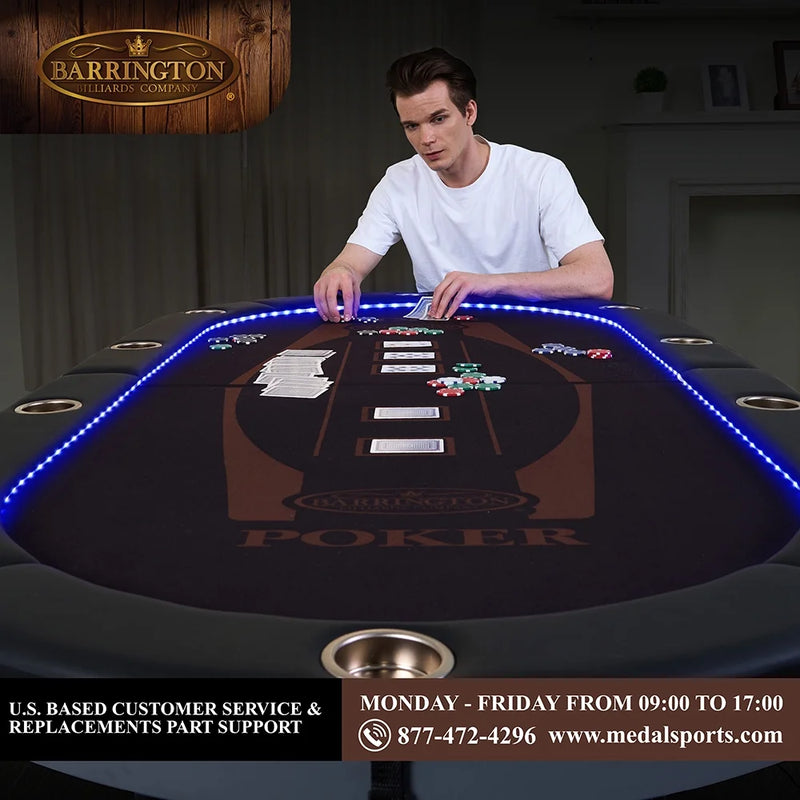 Barrington 10 Player Folding Poker Table with LED Lights – No Assembly Required, Casino Style with Steel Cup Holders & Padded Rails