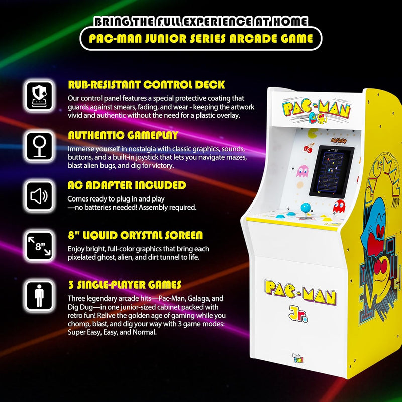 Pac Man Jr Series Free Standing Machine, 3 Games, 8" Liquid Crystal Screen - Arcade Game for Basements, Garages, or Game Rooms