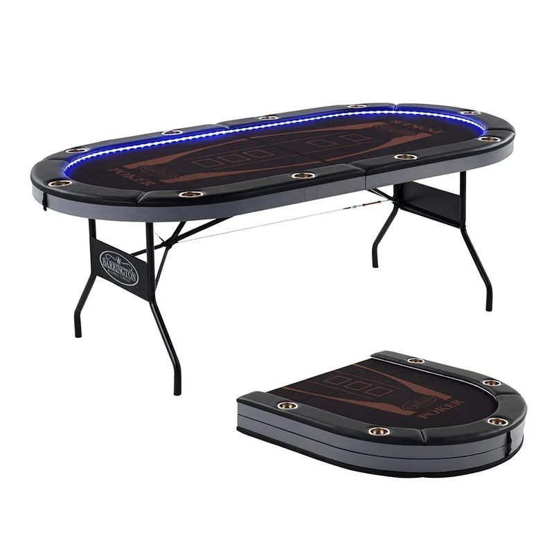 Barrington 10 Player Folding Poker Table with LED Lights – No Assembly Required, Casino Style with Steel Cup Holders & Padded Rails