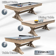 7 FT 3 in 1 Multi Game Pool Table with Dining Top Ping Pong Table Combo, Includes Pool Table Accessories and Tennis Paddles.