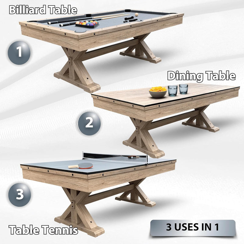 7 FT 3 in 1 Multi Game Pool Table with Dining Top Ping Pong Table Combo, Includes Pool Table Accessories and Tennis Paddles.