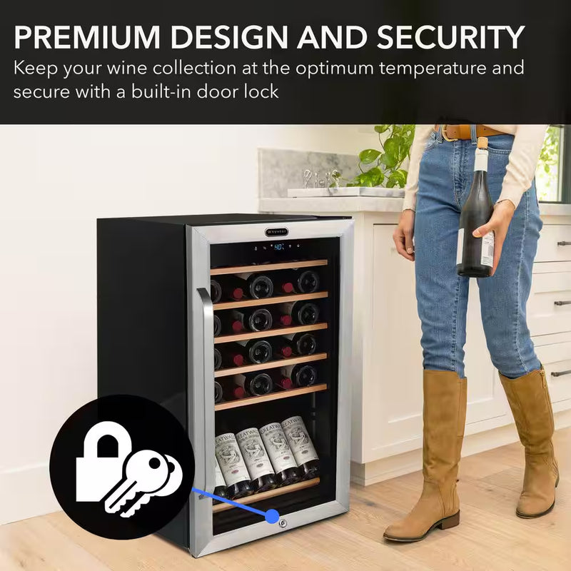 19 In. 34 Bottle Wine Cooler Fridge W/ Lock Freestanding Stainless Steel Display Rack and LED Display