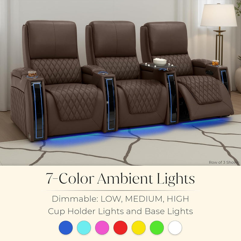 Apex Home Theater Seating, Living Room, Powered Headrest, Powered Lumbar, Powered Recline, Italian Leather, USB Charging, Row of 2, Brown