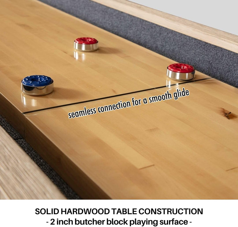 12 FT Solid Wood Shuffleboard Table, Comes in 2 6' Pieces Goes around Stairs & Hallways, Multi Game Includes Bowling Pin Set & More