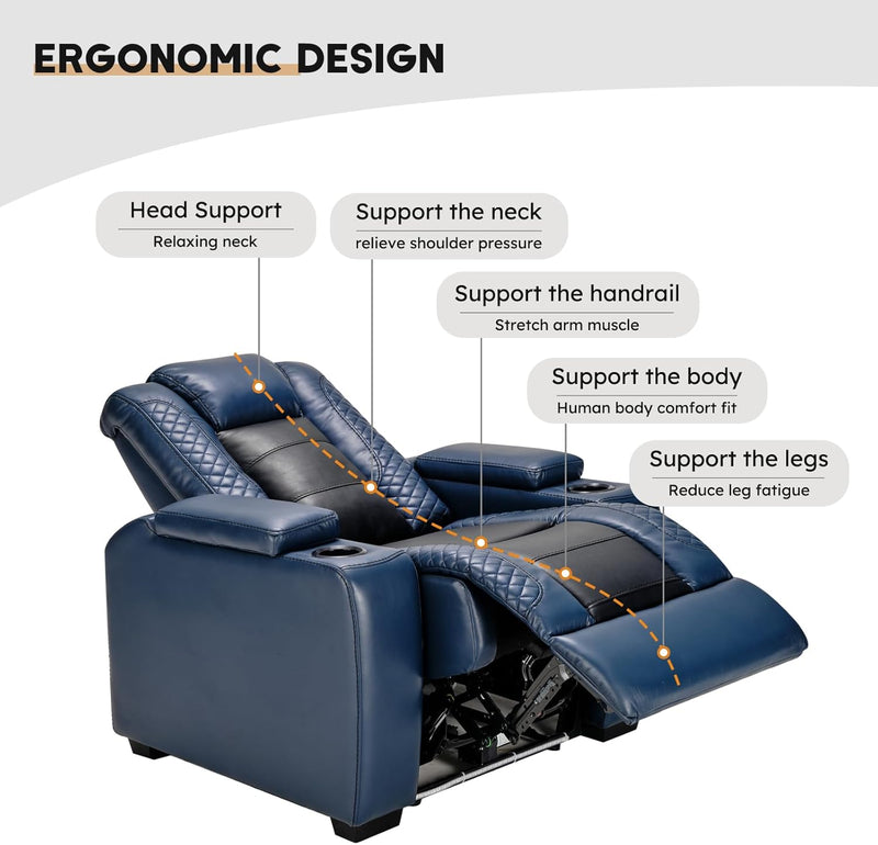 Power Home Theater Seating Recliner Chairs Set of 3, PU Leather Recliner & Cup Holder, Electric Movie Theater Reclining Chairs with Adjustable Headrest, Blue LED, Hidden Arm Storage (Black-Blue)