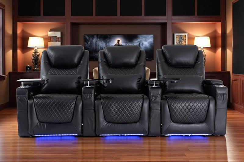 Home Theater Seating Seats, Theater Recliner Chair Sofa Game Movie Theater Chairs with 7 Colors Ambient Lighting, Lumbar Pillow, Side Pocket, Tray Table, Power Recline, Black