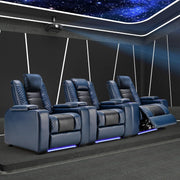 Power Home Theater Seating Recliner Chairs Set of 3, PU Leather Recliner & Cup Holder, Electric Movie Theater Reclining Chairs with Adjustable Headrest, Blue LED, Hidden Arm Storage (Black-Blue)