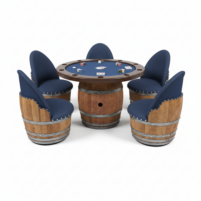 Dark Navy Blue Wine Barrel Poker Set with Removable Dining Top - Game Table & Barrel Chair - Wine Barrel Table for Dining and Poker
