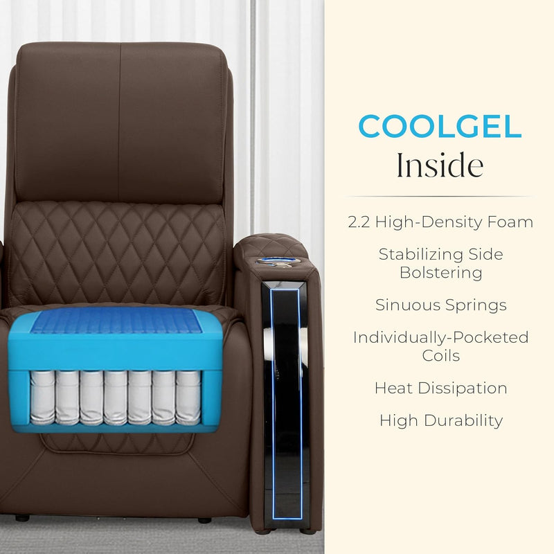 Apex Home Theater Seating, Living Room, Powered Headrest, Powered Lumbar, Powered Recline, Italian Leather, USB Charging, Row of 2, Brown