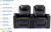 Home Theater Seating Seats, Theater Recliner Chair Sofa Game Movie Theater Chairs with 7 Colors Ambient Lighting, Lumbar Pillow, Side Pocket, Tray Table, Power Recline, Black
