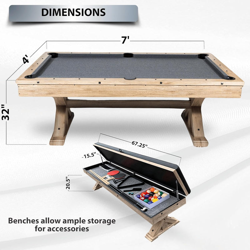 7 FT 3 in 1 Multi Game Pool Table with Dining Top Ping Pong Table Combo, Includes Pool Table Accessories and Tennis Paddles.