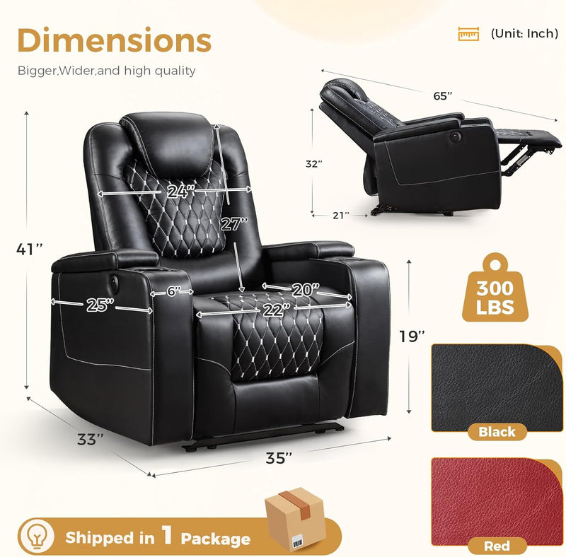 Power Recliner Chair Set of 3, Electric Soft Leather Reclining Home Theater Seating - USB Ports, Cup Holders, Hidden Arm Storage Movie & Media Room Chairs (Black)