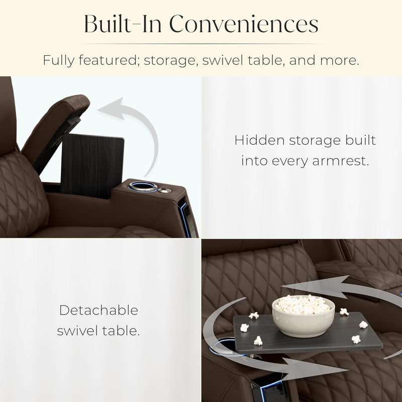 Apex Home Theater Seating, Living Room, Powered Headrest, Powered Lumbar, Powered Recline, Italian Leather, USB Charging, Row of 2, Brown