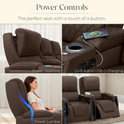 Apex Home Theater Seating, Living Room, Powered Headrest, Powered Lumbar, Powered Recline, Italian Leather, USB Charging, Row of 2, Brown