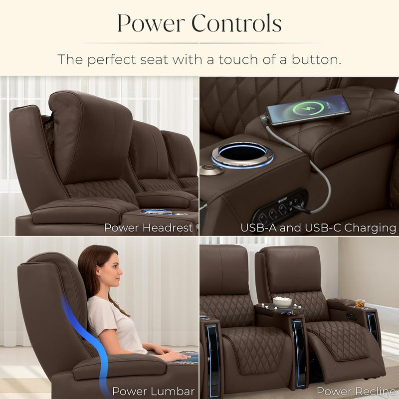 Apex Home Theater Seating, Living Room, Powered Headrest, Powered Lumbar, Powered Recline, Italian Leather, USB Charging, Row of 2, Brown