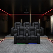 Home Theater Seating Top Grain Leather Zero Gravity Recliner Chair Power Headrest Recline Movie Seat Gaming 7 Colors Mood Light Sofa with Tray Table USB Charge Row of 3 Loveseat Right Black