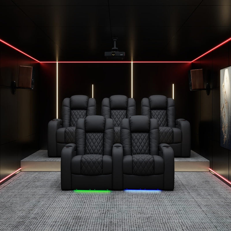 Home Theater Seating Top Grain Leather Zero Gravity Recliner Chair Power Headrest Recline Movie Seat Gaming 7 Colors Mood Light Sofa with Tray Table USB Charge Row of 3 Loveseat Right Black