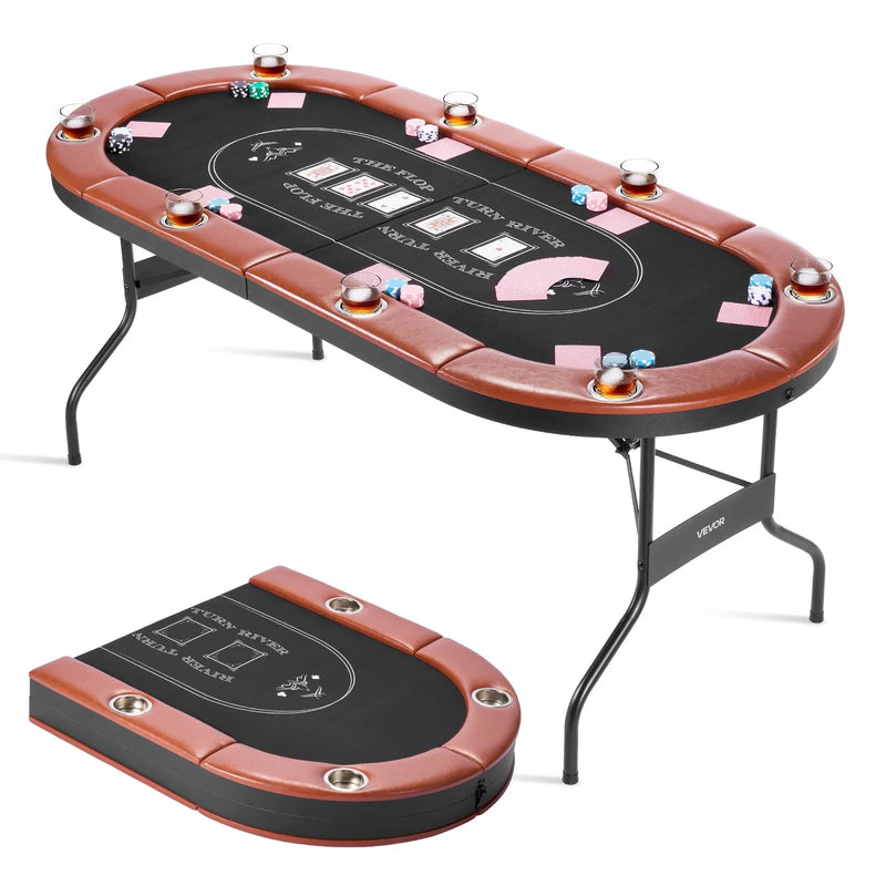 Foldable Poker Table, 8 Player 72 in Folding Casino Leisure Table with Padded Rails and Cup Holders, Oval Portable Game Tables with Felt & Metal Legs, for Texas Holdeem Game and Blackjack