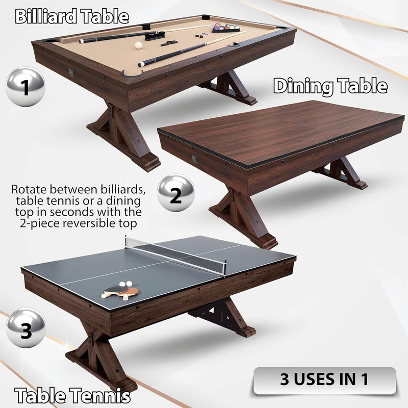 7 FT 3 in 1 Multi Game Pool Table with Dining Top Pool Table Ping Pong Table Combo, Includes Accessories and Tennis Paddles.