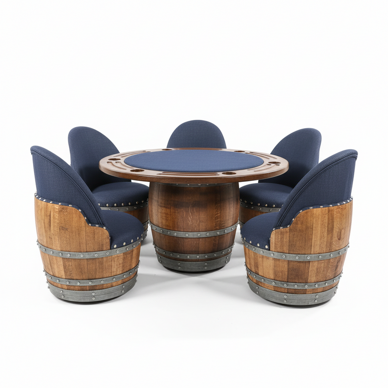 Dark Navy Blue Wine Barrel Poker Set with Removable Dining Top - Game Table & Barrel Chair - Wine Barrel Table for Dining and Poker