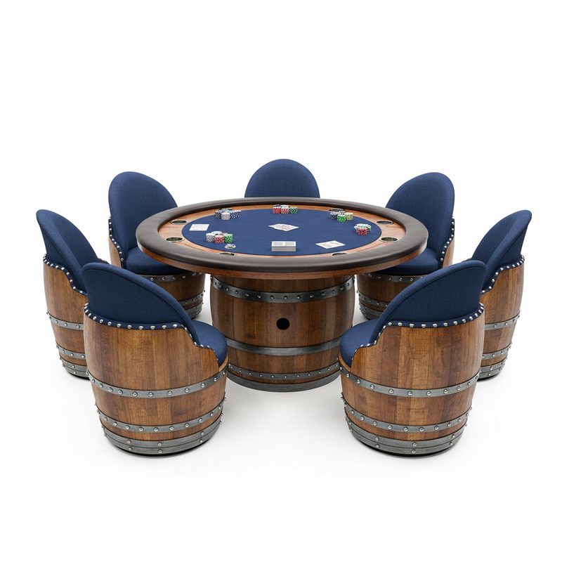 Dark Navy Blue Wine Barrel Poker Set with Removable Dining Top - Game Table & Barrel Chair - Wine Barrel Table for Dining and Poker