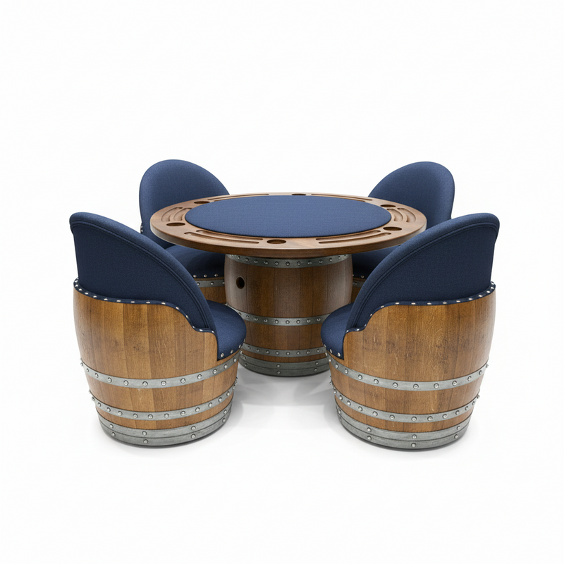 Dark Navy Blue Wine Barrel Poker Set with Removable Dining Top - Game Table & Barrel Chair - Wine Barrel Table for Dining and Poker