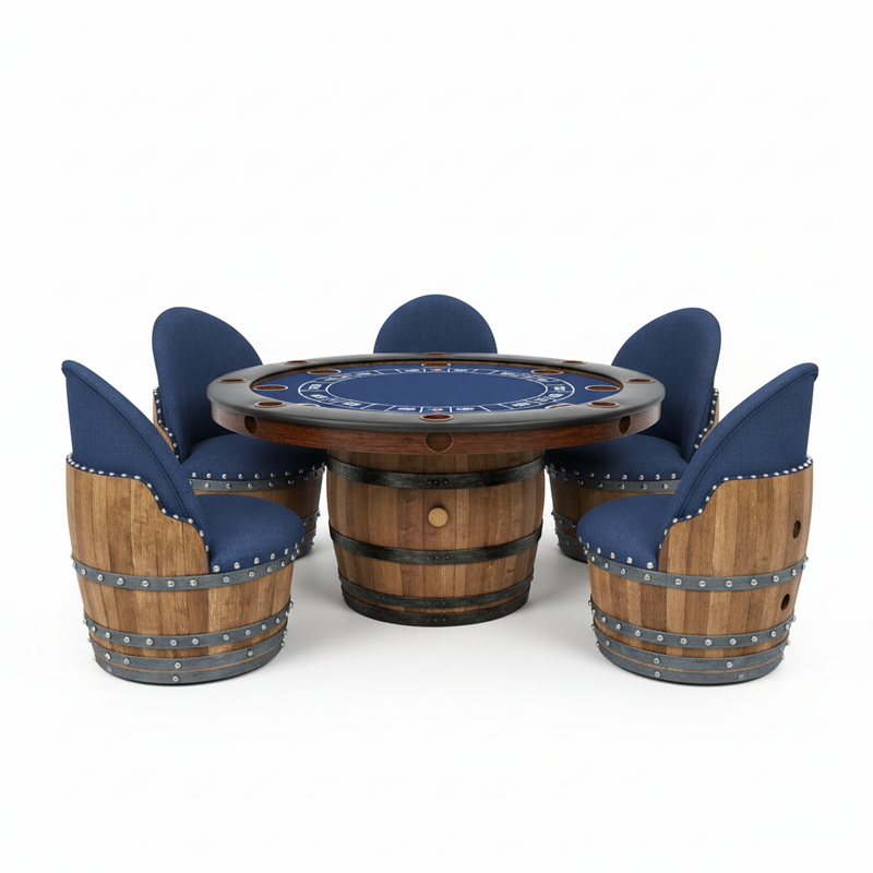 Dark Navy Blue Wine Barrel Poker Set with Removable Dining Top - Game Table & Barrel Chair - Wine Barrel Table for Dining and Poker